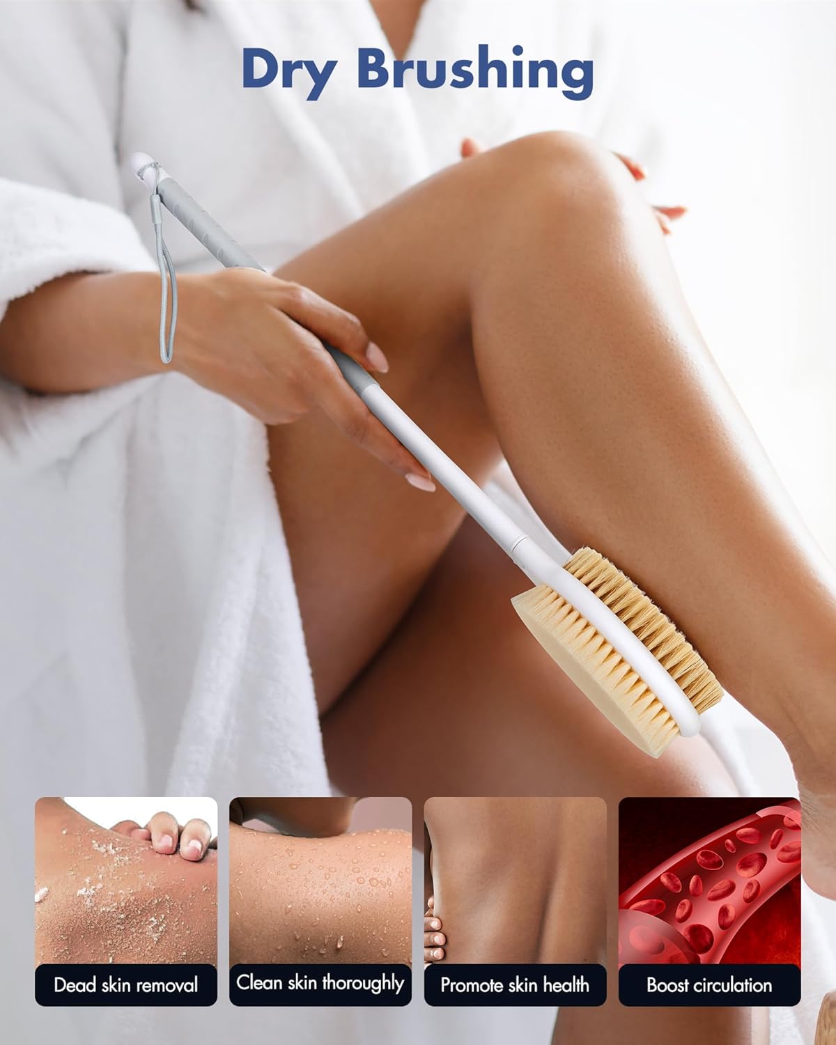 Back Scrubber Body Shower Brush: Anti Slip Long Handle Bath Brush with Stiff and Soft Bristles - Showering Exfoliator Wet or Dry Brushing for Women, Men, Elderly (Grey)