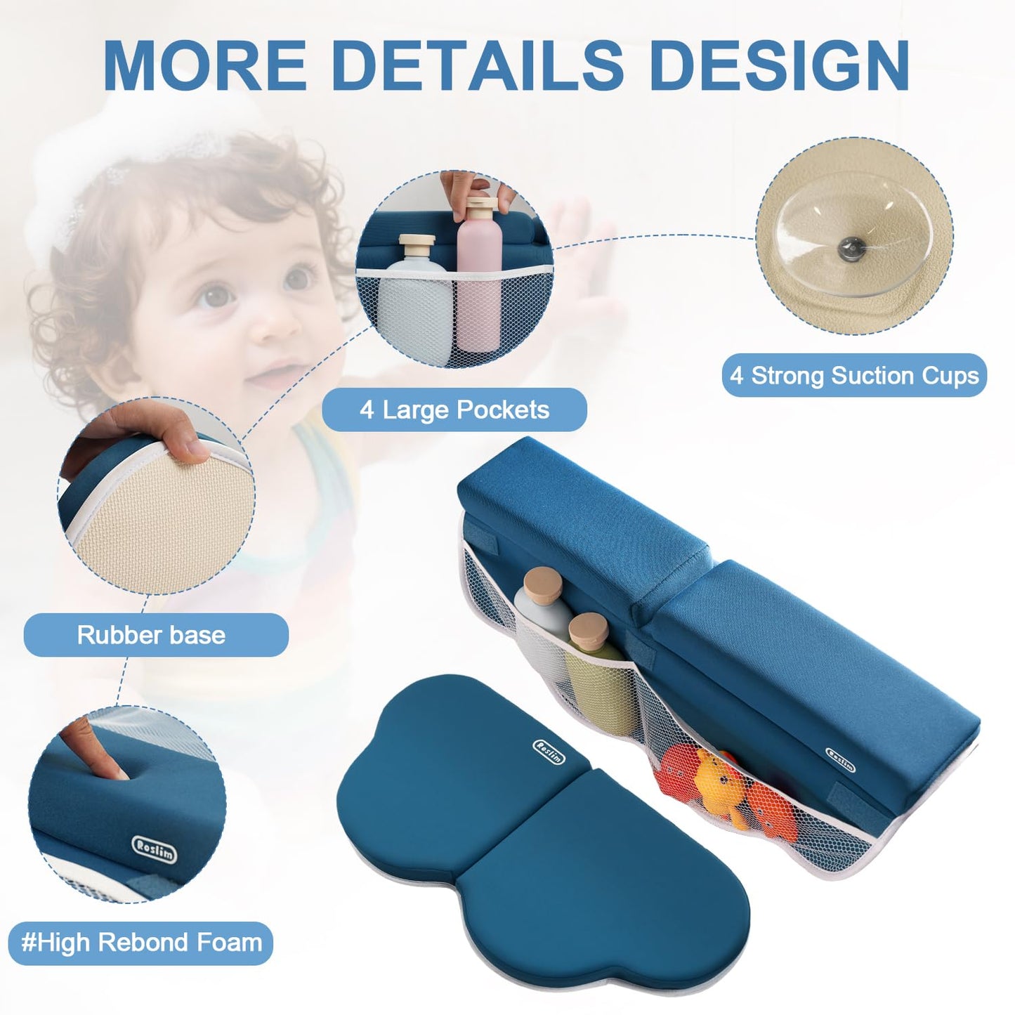 Roslim Bath Kneeler and Elbow Rest Pad Set - Non-Slip Knee& Arm Support Bathtub Mat with Organizer Pockets, Quick Drying, Foldable, Non-Slip Kneeling Pad for Parents, Blue