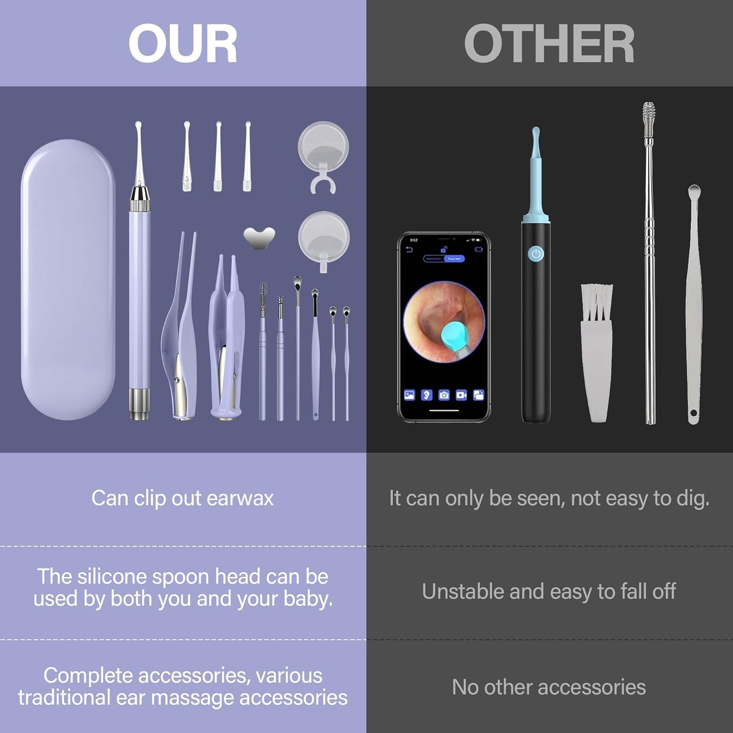 POZILAN Ear Cleaning Kit with LED Light - 15 Pack Ear Wax Removal Kit for Kids and Adults, Earwax Spoon Digger & Tweezers for Ear Cleaning Tool Present Set（Purple）