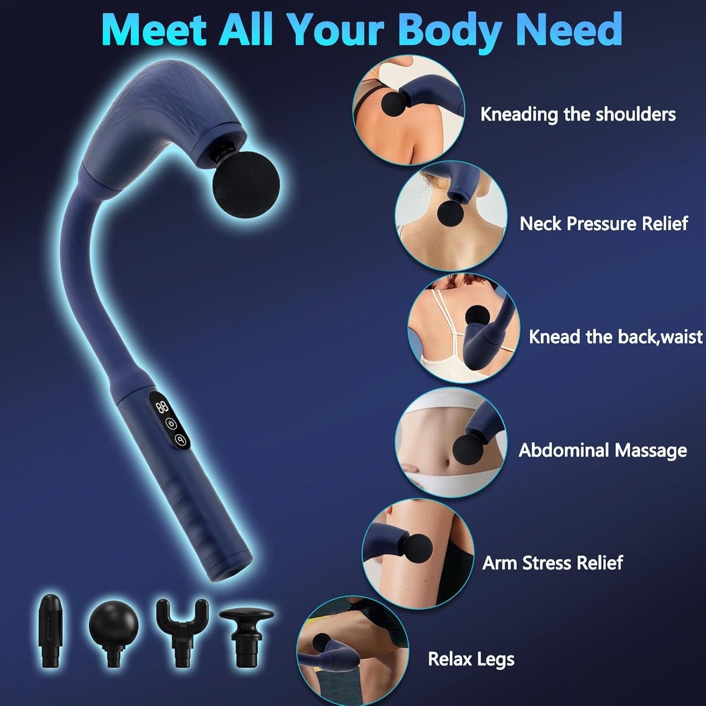 Massage Gun with Upgraded Extension Handle, Back Massager for Pain Relief Deep Tissue, Muscles/Neck/Shoulders/Waist/Legs Massager with 4 Massage Heads & 6 Speed Levels & 3 Massage Modes, Blue