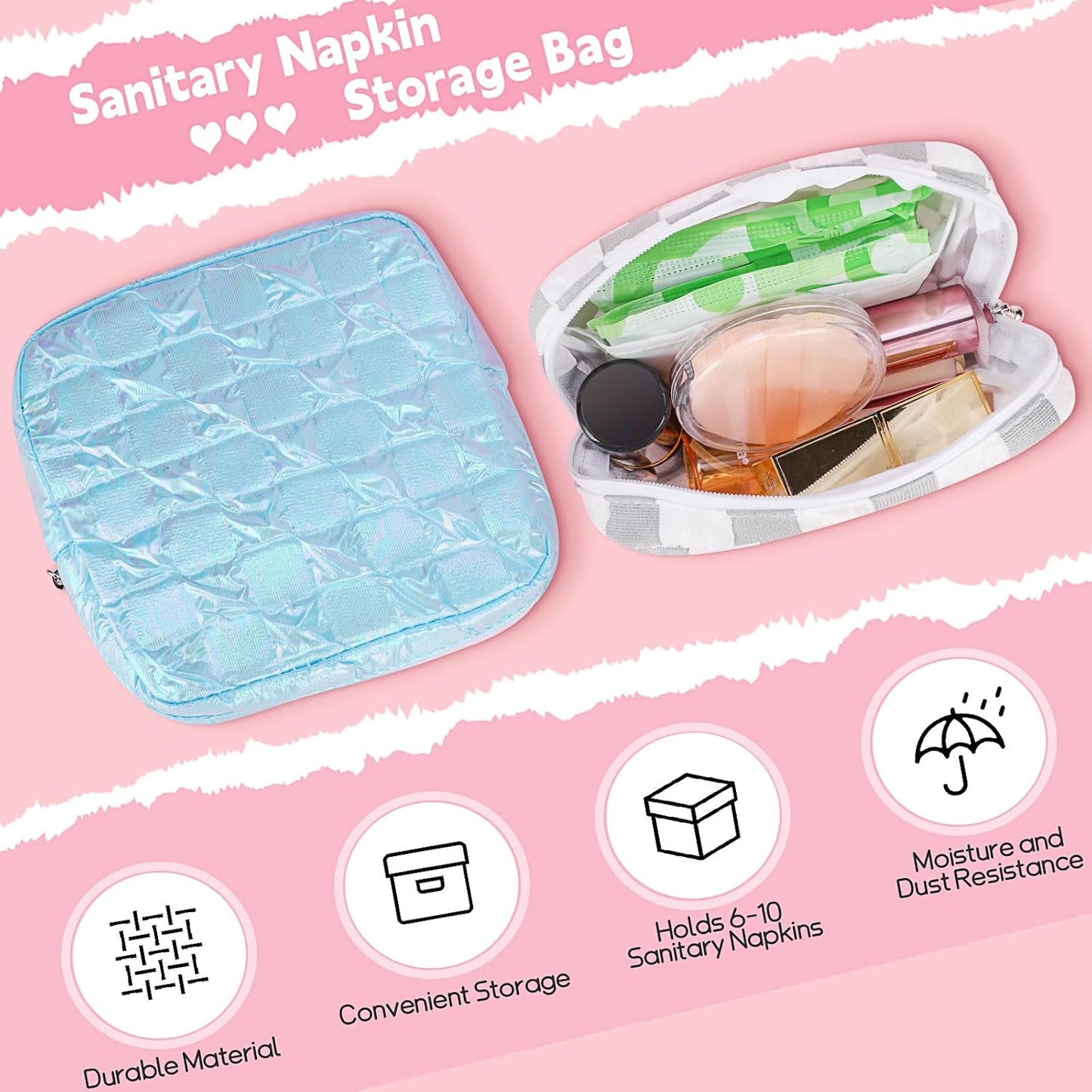 Desing Wish Sanitary Napkin Storage Bag Polyester Fabric Period Bag for Teen Girls Sanitary Pad Pouch for Sanitary Napkins/Tampons/Panty Liners Privacy Protector Pad Bag (Bubble-Check, Black)