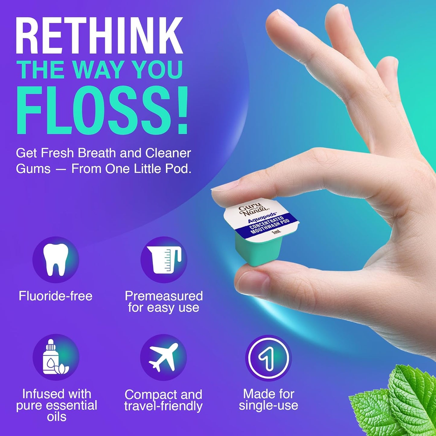 GuruNanda Aqua Pods Pre-Measured Concentrated Mouthwash for GuruNanda Water Flosser 4.0, Fluoride & Alcohol-Free, Wild Mint Flavor, Travel-Friendly, 24 Count