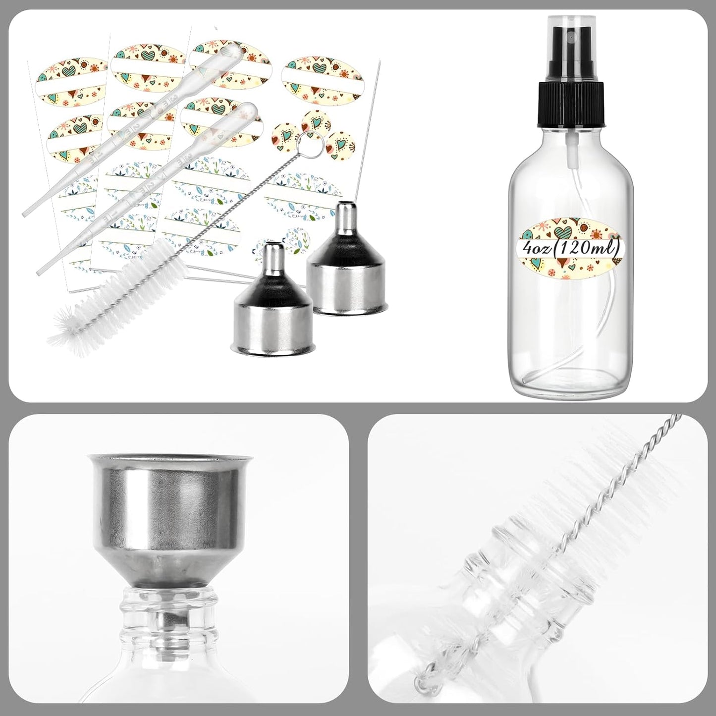 CycleMore 25 Pack 4oz Clear Glass Spray Bottles with Fine Mist Sprayers, Glass Travel Bottles for Cosmetic Essential Oils Cleaning Solutions Perfumes & More Liquids (1 Brush, 2 Funnels and 36 Labels)