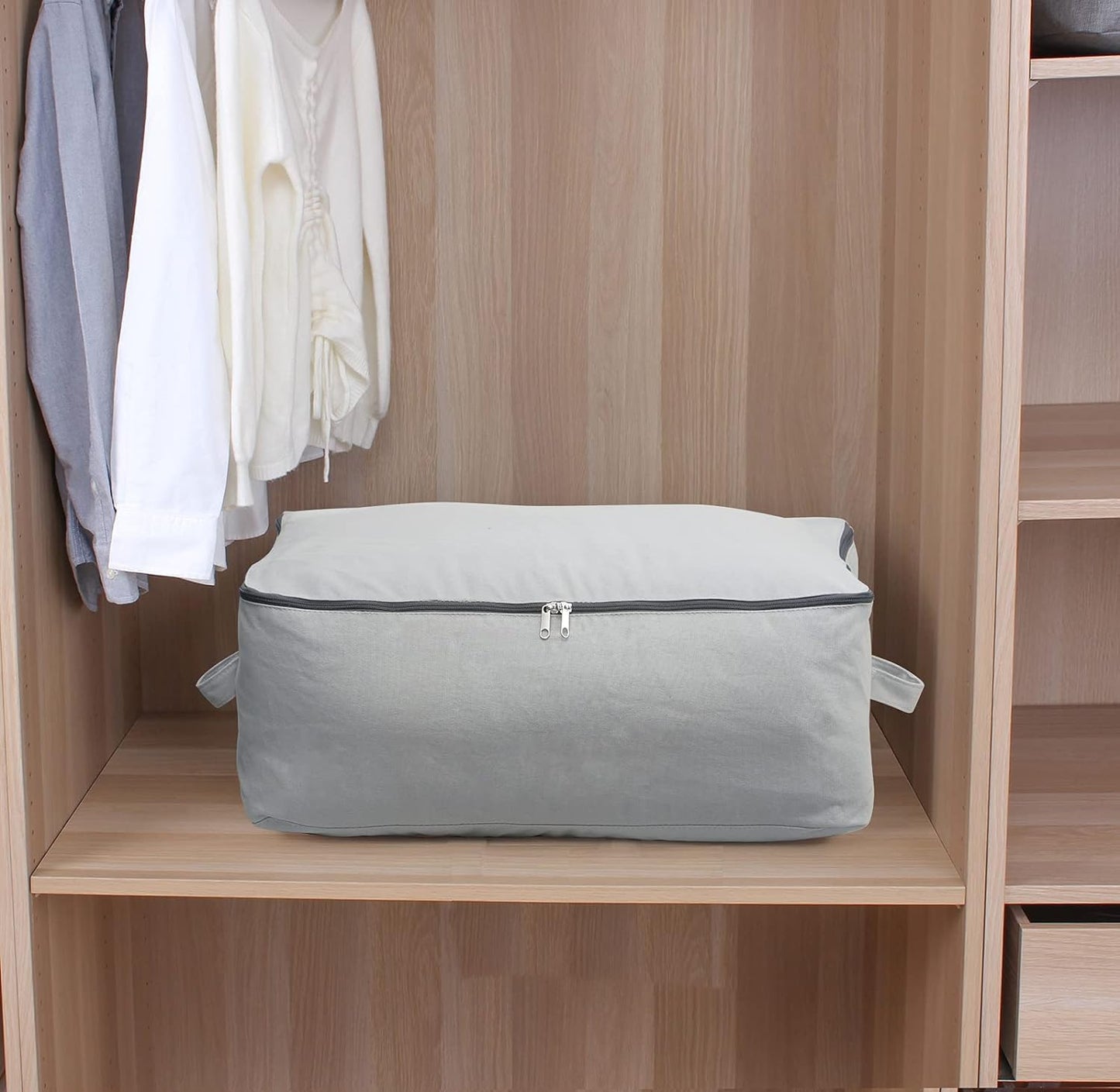 Omygarden Ultra Thick Fabric Clothes Canvas Storage Bag Foldable Closet Organizer Bag with Reinforced Handle Sturdy for Sweaters, T-shirts, Blankets, Coats, 3 Pack, Light Gray