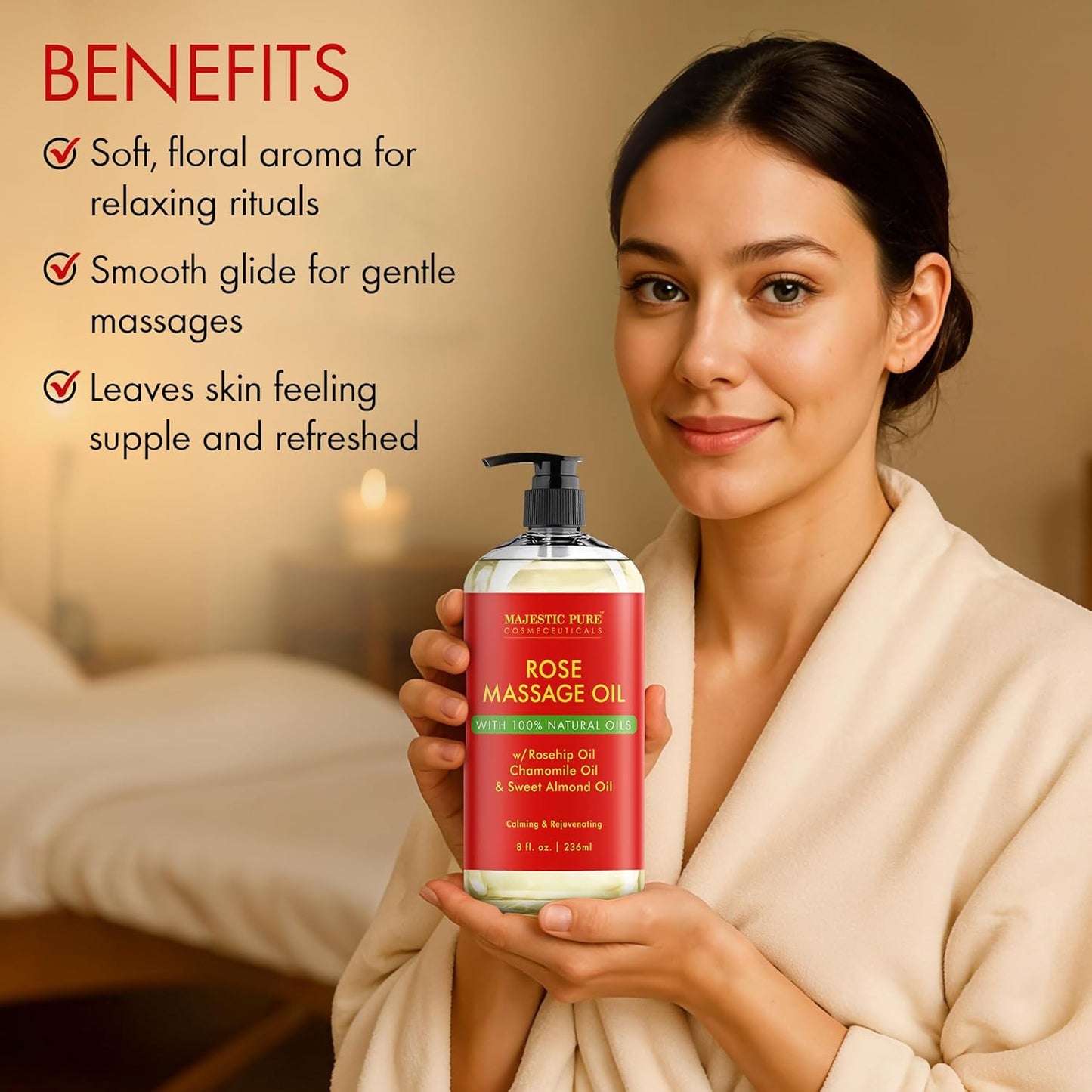 MAJESTIC PURE Rose Massage Oil for Massage Therapy - Refreshing, and Relaxing - Natural Oils - for All Skin Types - Men and Women - 8 fl oz