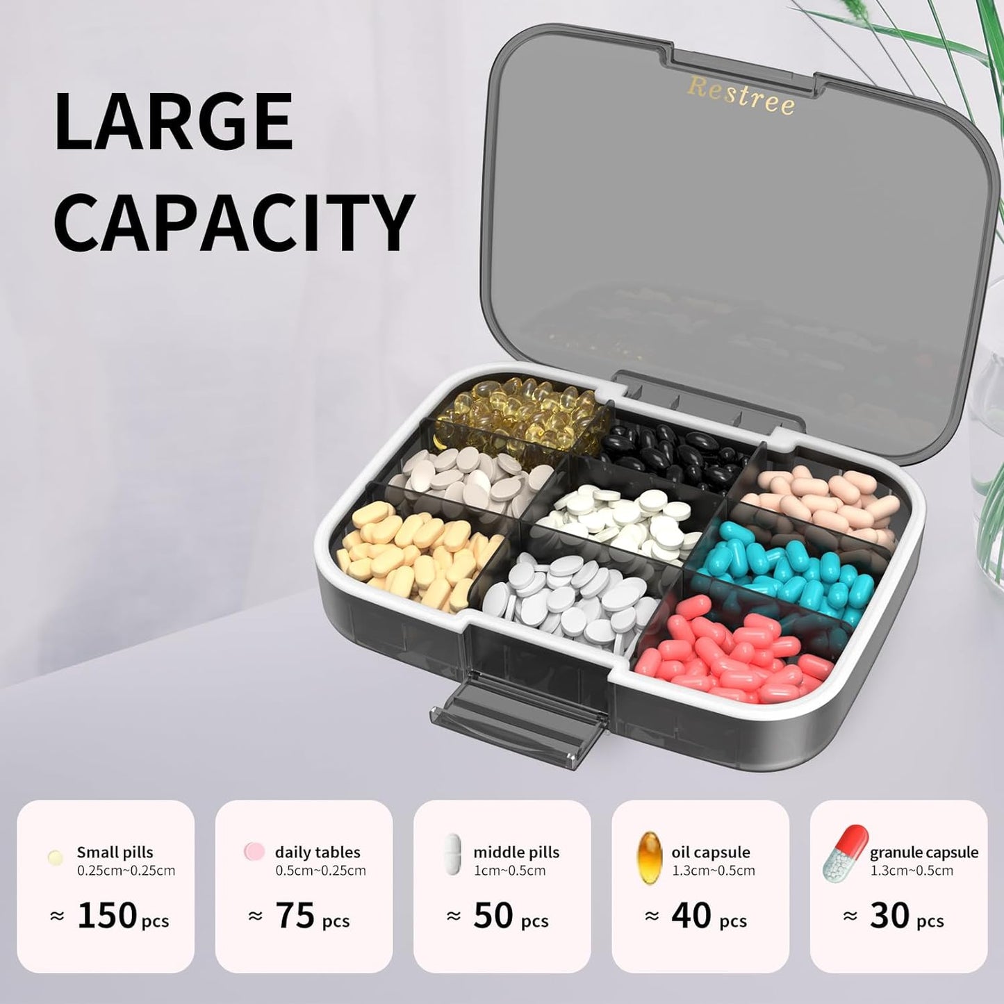Restree Large Pill Organizer, Moisture Proof & Waterproof Travel Pill Case, Portable Medication Box with Adjustable Dividers for Vitamins Supplements Fish Oil and Daily Pills 9 Compartments (Black)