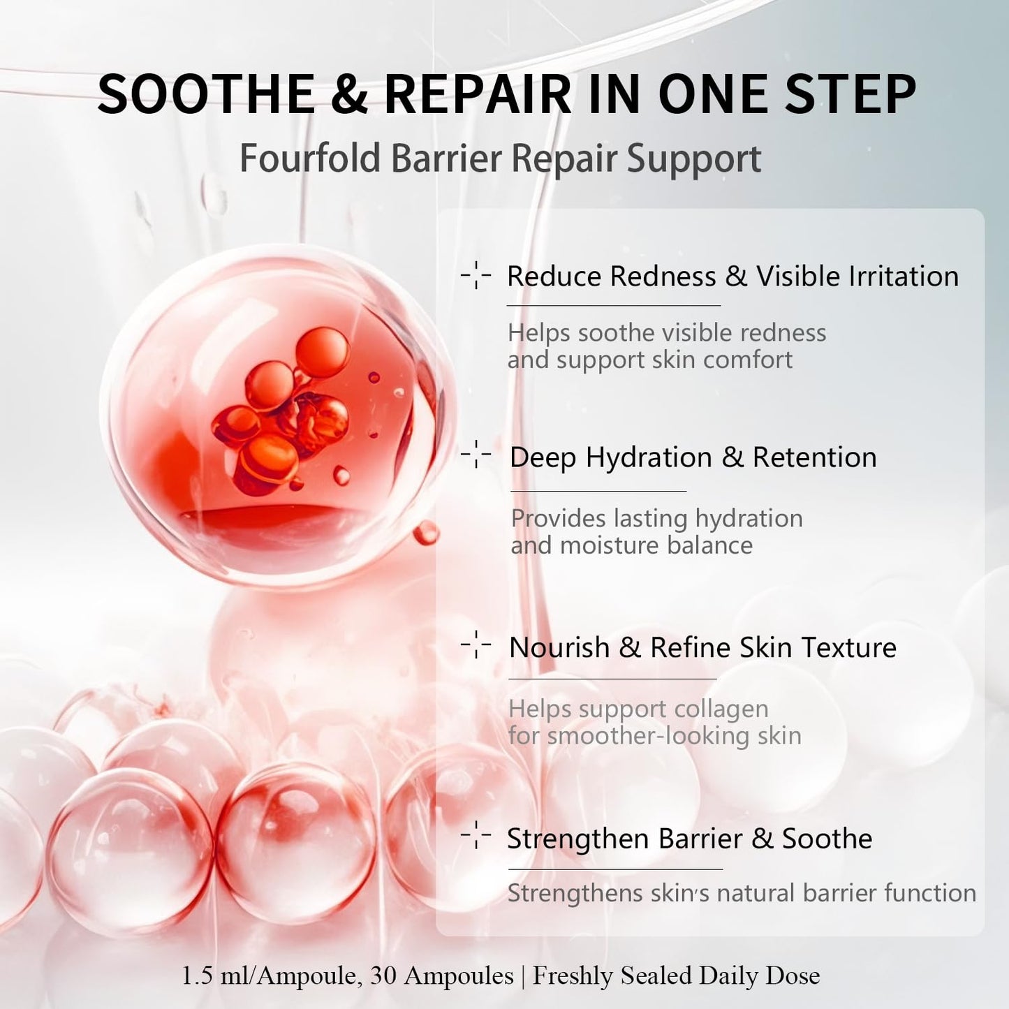 Vitamin B Amino Acid Barrier Support Face Serum - Preservative-Free Ampoule with B12, Hyaluronic Acid and Glutathione for All Skin, Especially Sensitive, Dry and Fragile Skin (1.5ml)30 Vials