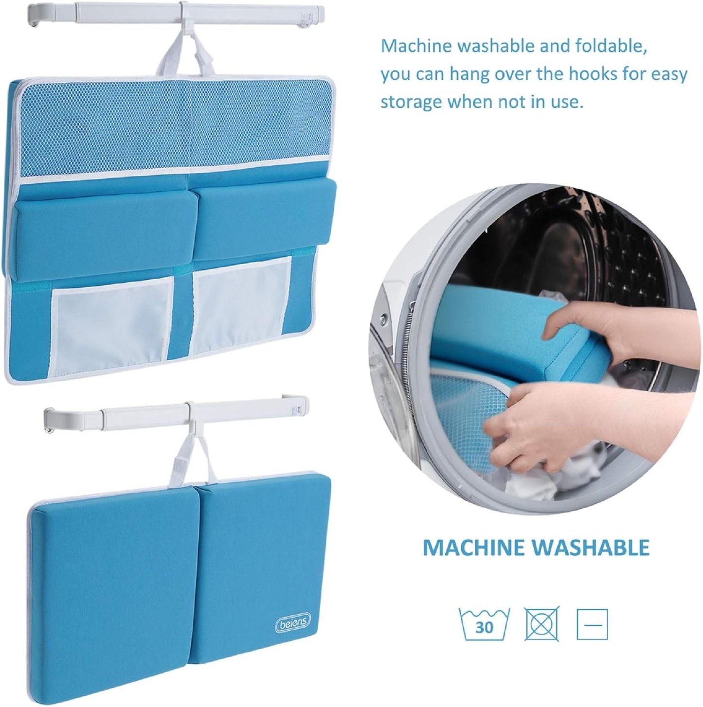 beiens Bath Kneeler and Elbow Rest Pad Set, 1.5'' Thick Quickly Dry Kneeling Pad and Elbow Support, Support Large Baby Bathtub Bath Mat Kneeling Pad with Toy Organizer for Baby Bathing Time (Blue)