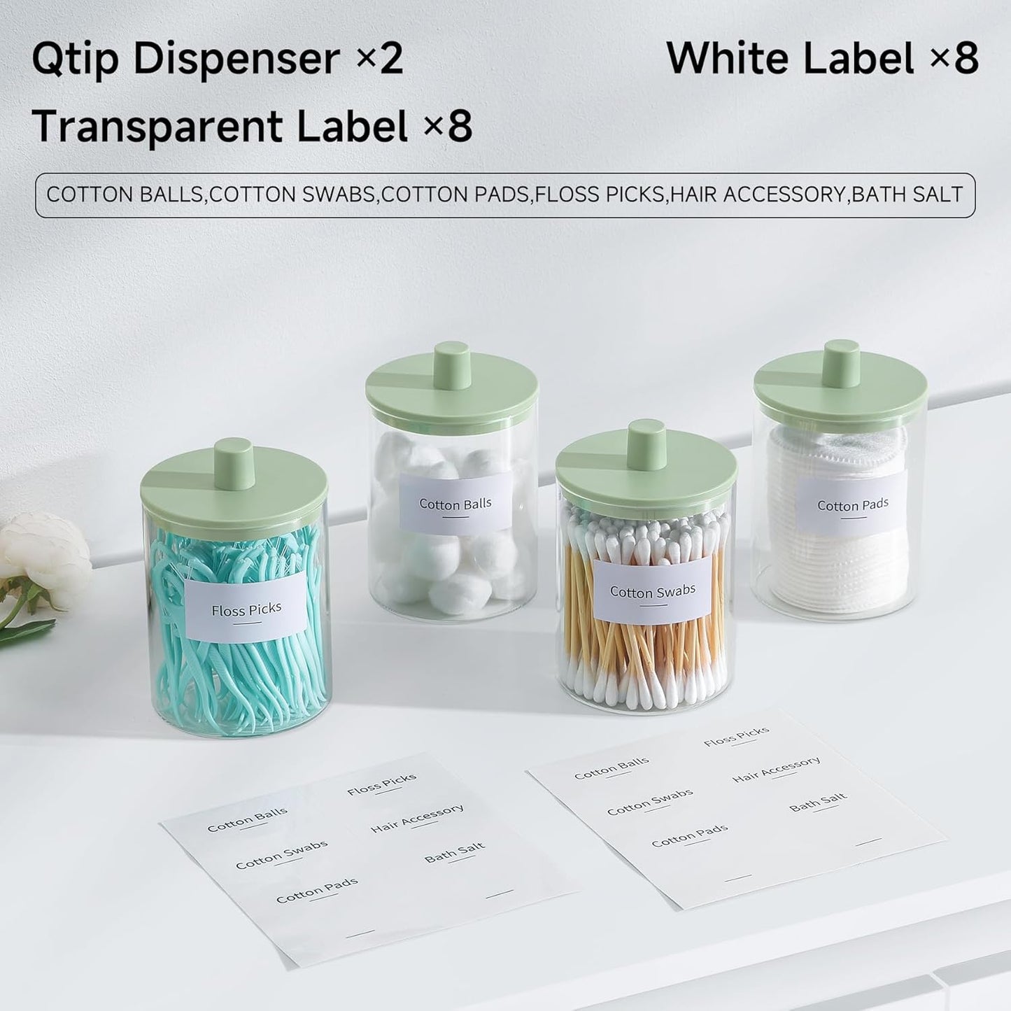 TIPGO Glass Qtip Holder Dispenser for Bathroom - 10 oz Clear Canister Apothecary Jar for Cotton Swabs, Balls, Pads, Floss Picks, Small Containers for Makeup Storage Organizer (2 Pack, Green)