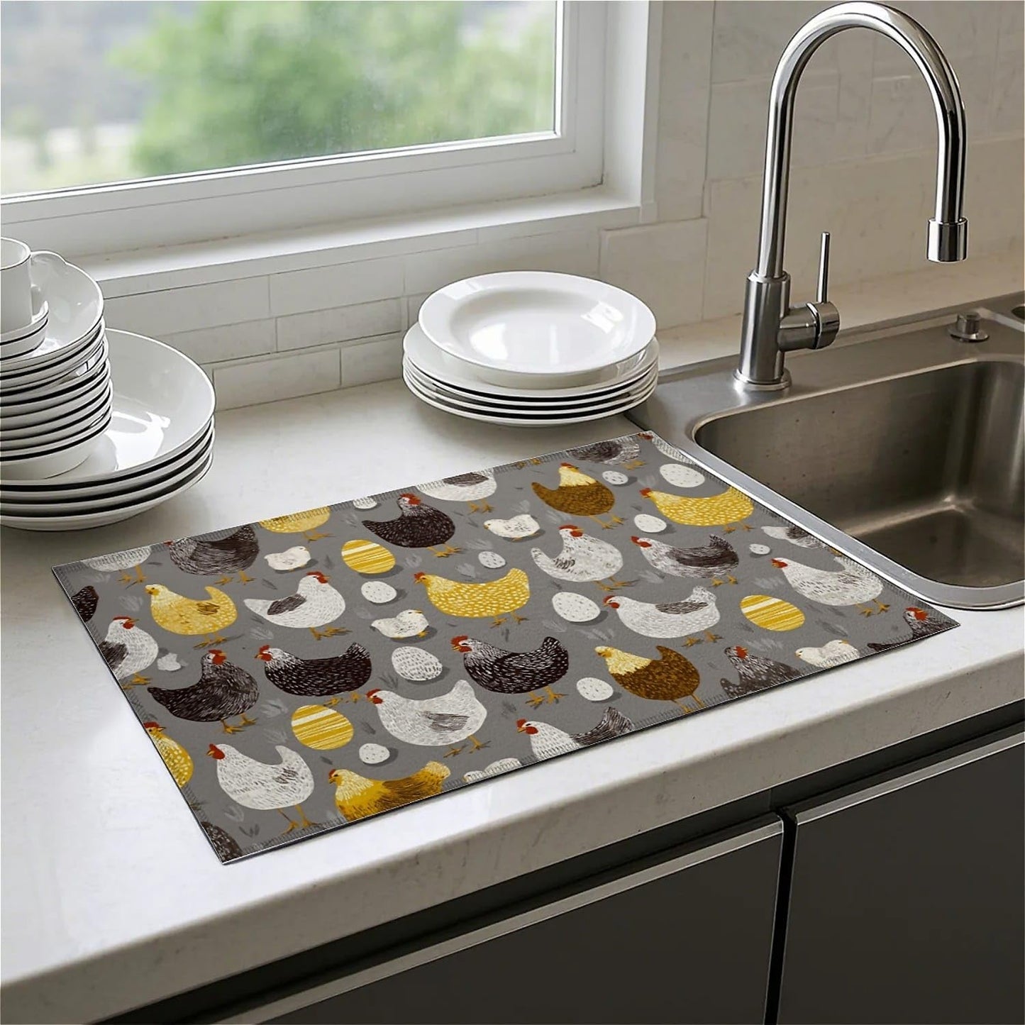 Dish Drying Mat For Kitchen Counter, Hens Roosters Chicken Microfiber Absorbent Dish Drainer Rack Pad Reusable Large 18x24in Drying Mat