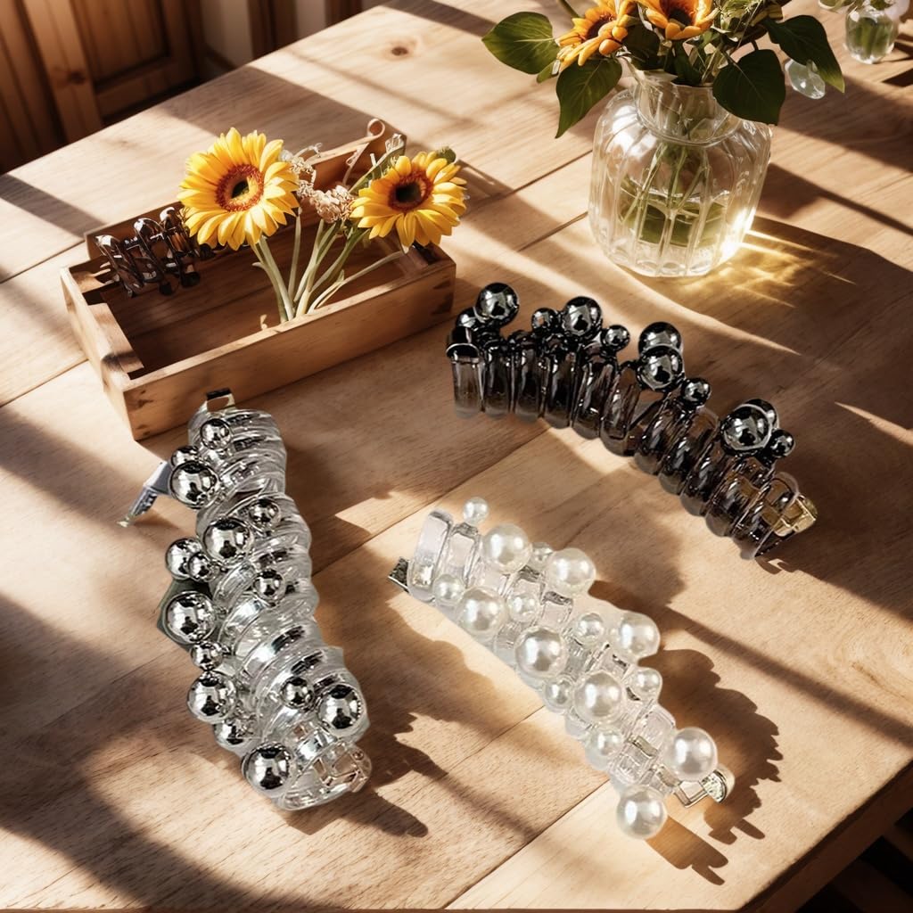 12PCS Spiral Hair Ties with Pearl Beads, Phone Cord Shape Elastic Bands, 3 Colors, No Crease Ponytail Holders for Long Curly Hair