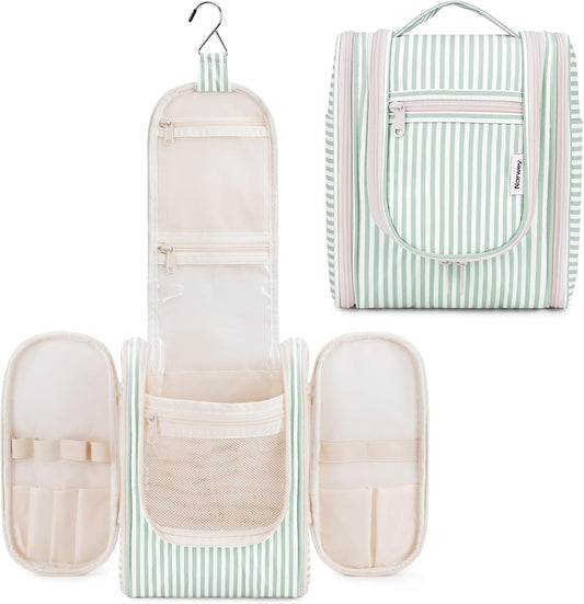 Narwey Small Striped Hanging Travel Toiletry Bag for Women, Travel Bag for Toiletries, Makeup Bag Organizer Cosmetic Bags Make Up Bags for Women (Mint Green Stripe)