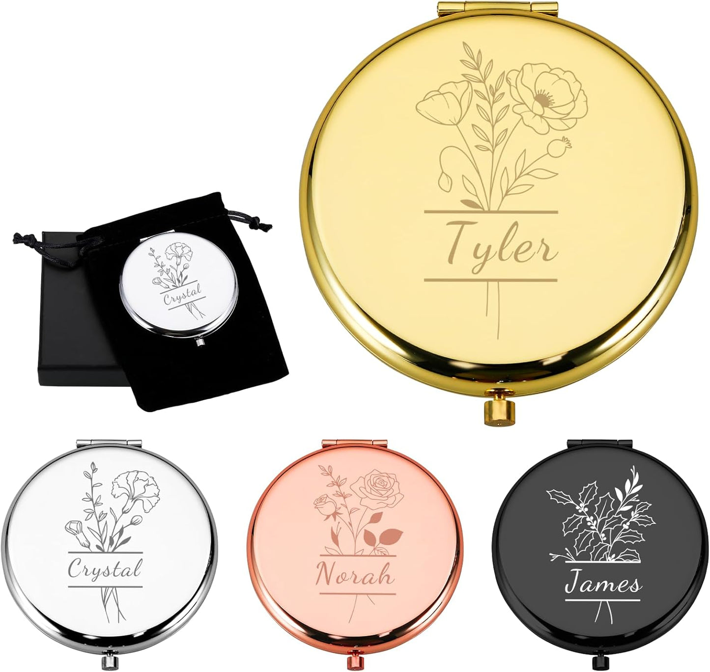 Personalized Compact Mirror, Custom Engraved Birth Flower & Name Pocket Mirror for Women, Double-Sided 1X/2X Magnifying Metal Pocket Makeup Mirrors, Small Travel Mirrors, Birthday