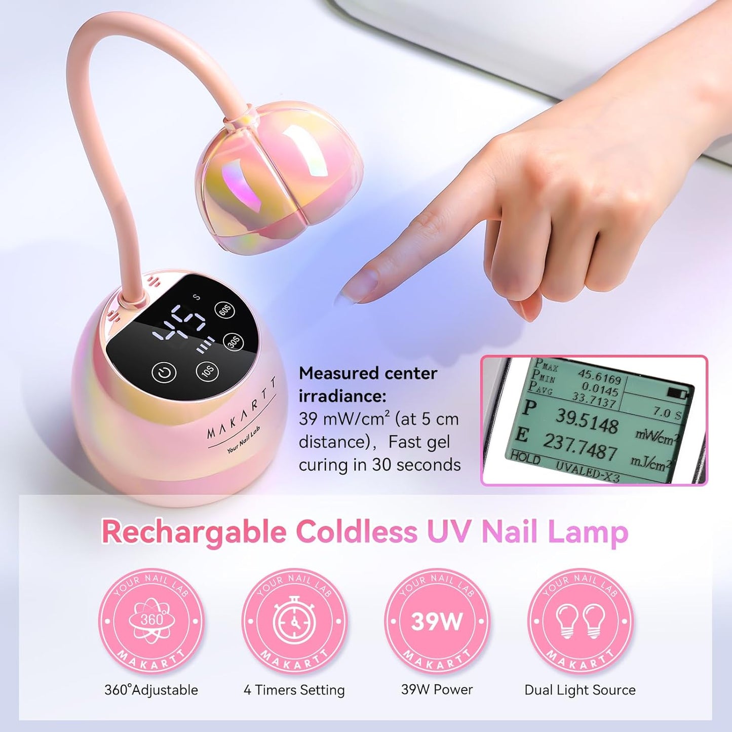 Makartt UV LED Nail Lamp - Gooseneck UV Light for Nails Cordless Rechargeable USB 39W Dryer LED Lamp with Auto Sensor 4 Timer Settings Fast Curing for Nail Art Polish (Glazed Pink)