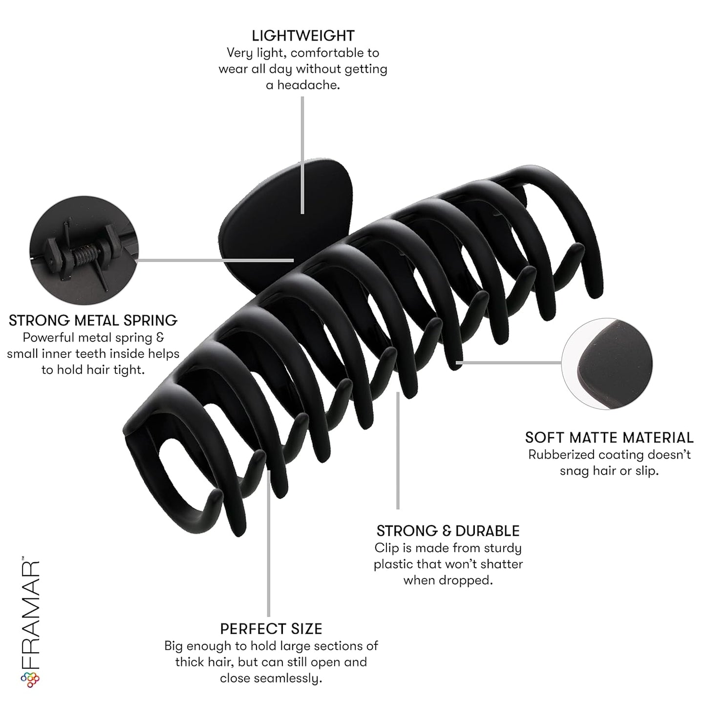 FRAMAR Large Claw Clips For Thick Hair – Large Hair Clip For Thick Hair, Big Hair Clips For Women, Hair Claws Clips For Women, Black Hair Clips, Black Claw Clip - 4 Pack Non Slip Matte Finish