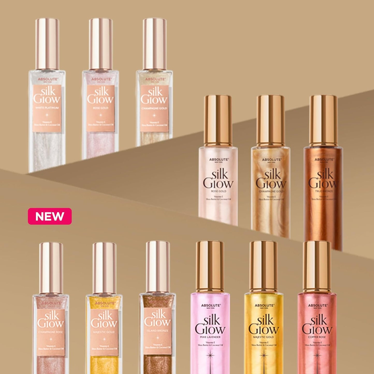 Absolute New York - Silk Glow Shimmer Mist Glow, Radiant, Shimmer Body & Face & Hair, Shea Butter, Coconut Oil, Vitamin E (SBGS16 Copper Rose Gel, 3.4 fl oz)