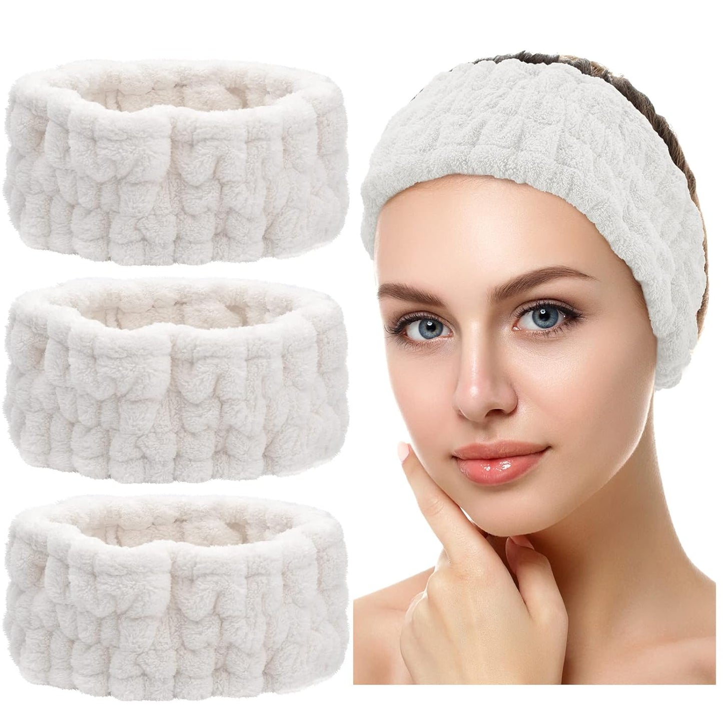 Chuangdi 3 Pieces Headband Set - Elastic Head Wrap for Makeup, Washing Face, Yoga, Sports, Shower, Women and Girls (White)