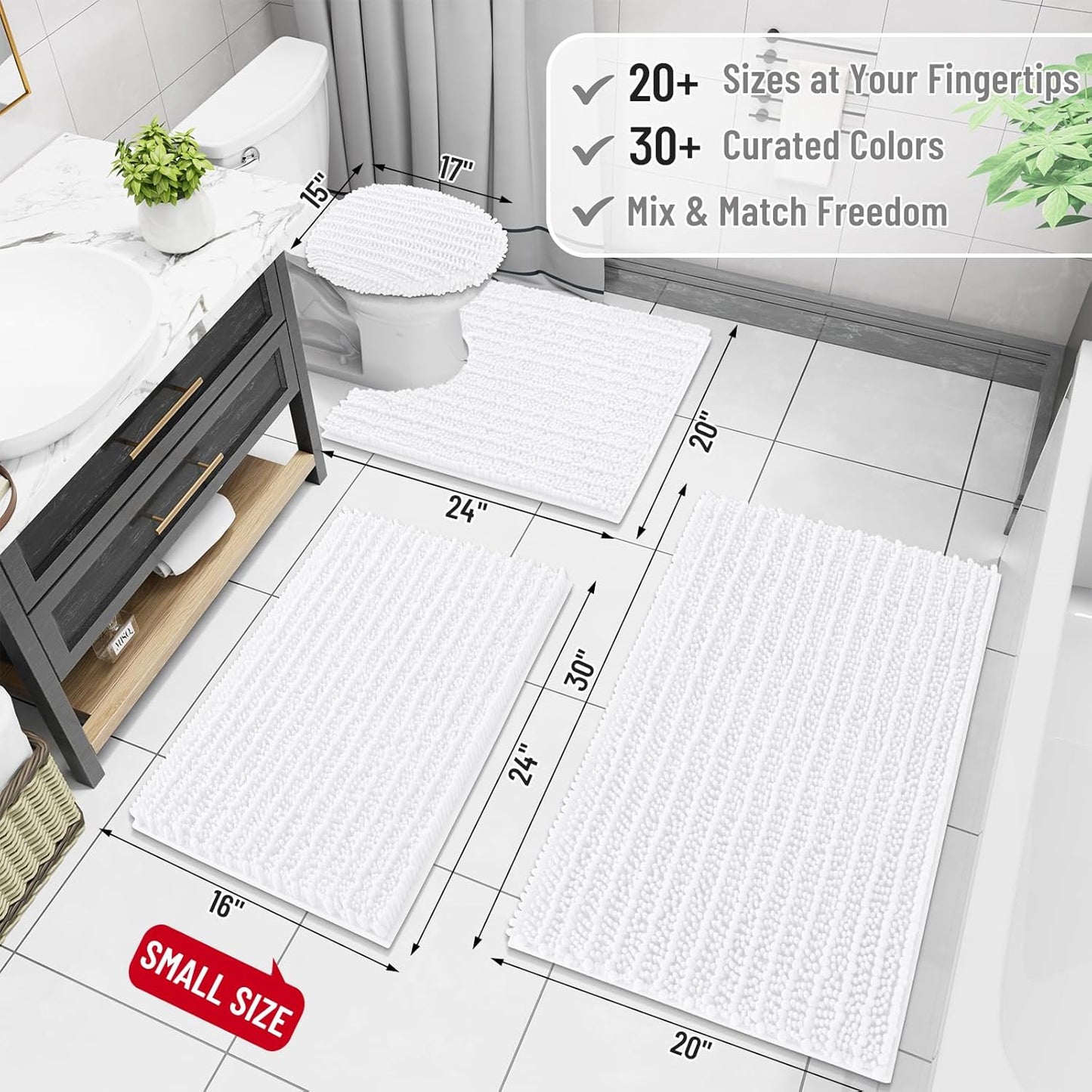 Arotive Luxury Chenille Bathroom Rug Mat, Extra Soft Thick Absorbent Shaggy Bath Rugs, Non-Slip Machine Wash Dry, Plush Bath Mats for Bathroom, Shower and Tub, 30x20, White