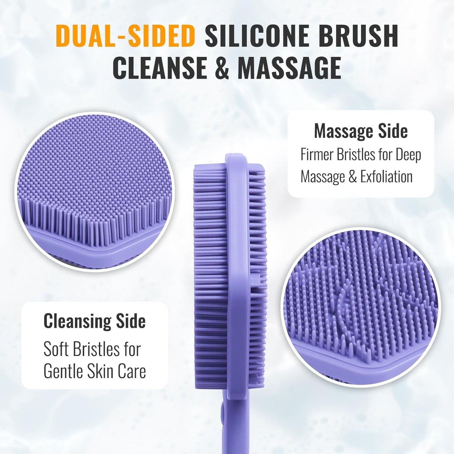 Silicone Back Scrubber for Shower – 21in Extendable Shower Brush with Long Handle – Dual-Sided Back Brush with Non-Slip Grip, Gentle Cleansing & Exfoliation for Men, Women, Elderly (Purple)