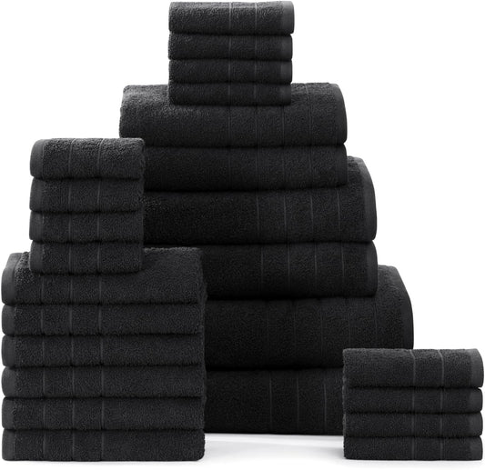 Casa Platino Cotton Towel Set 24 Pc – Quick Dry, Pre-Shrunk, Soft Ring Spun Towels for Bathroom, Large Bath Sheets to Washcloths, Machine Washable, Great Gift Set – Black