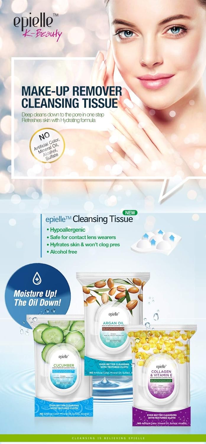 Epielle Cucumber Makeup Remover Wipes | 60 Count, 2 Pack | Gentle Cleansing Towelettes | Beauty Gift, Spa Day, Gift Set | Korean Skincare