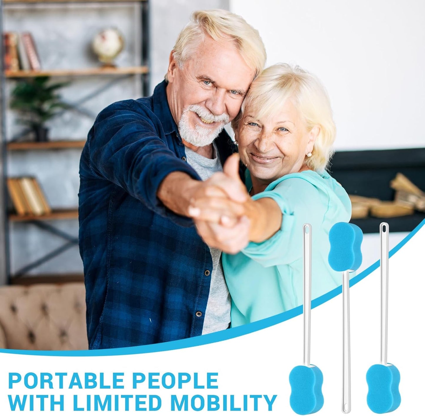 3 Pcs Long Handle Bath Sponge 22.4'' Back Sponge on a Stick Lightweight Back Washer Handled Butt Scrubber Shower Brush for Foot Body Cleaning Bathing Limited Motion (Blue)