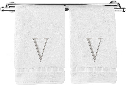 Monogrammed Hand Towel, Personalized Initial Gift, Extra Absorbent 100% Turkish Cotton - Soft Terry Finish - Set of 2 - Silver Block Initial V - Embroidered on White Towels