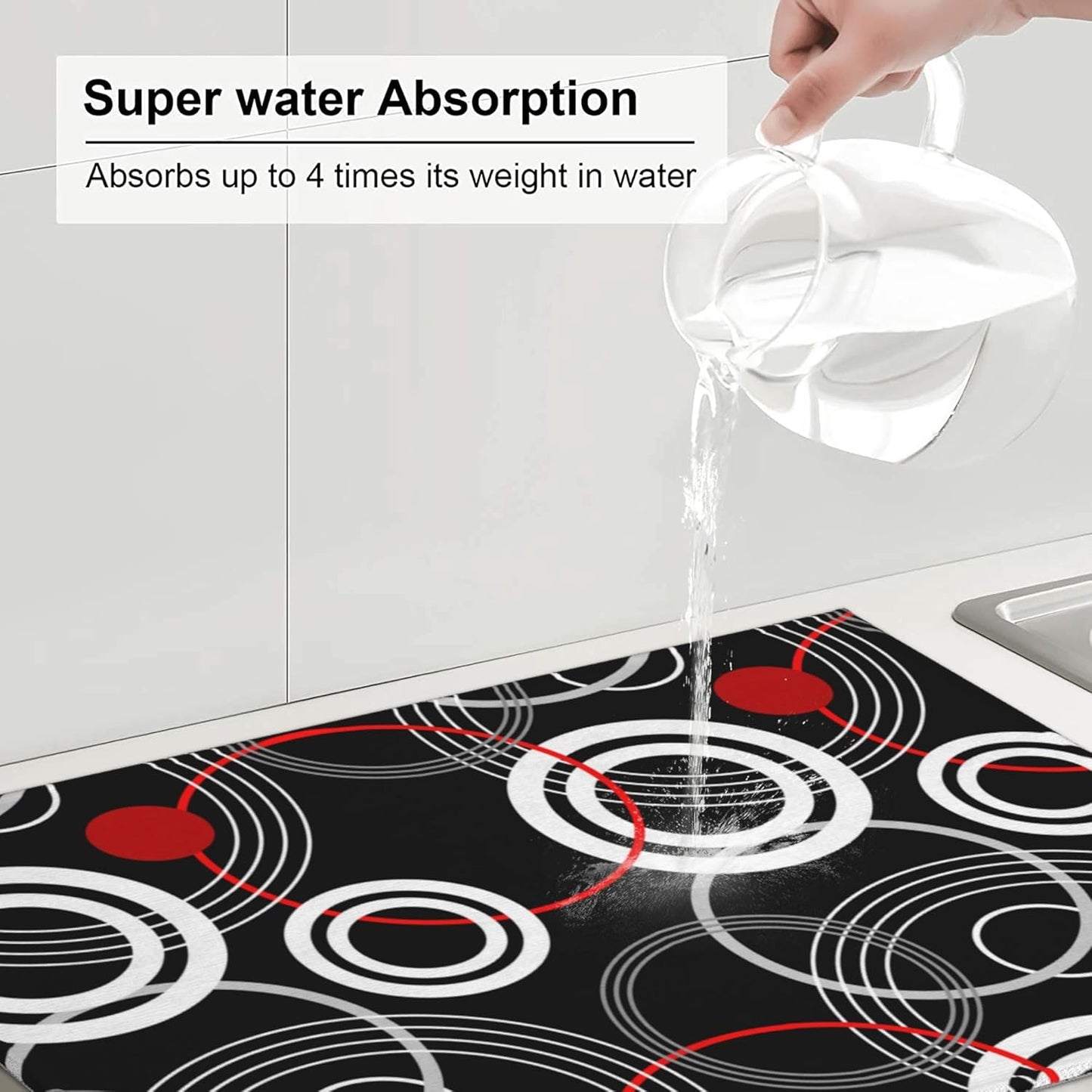 Modern Black Red Retro Dish Drying Mat for Kitchen Counter Absorbent Reversible Drying Pad Kitchen Decor Dish Drainer Rack Mats 18"x24"