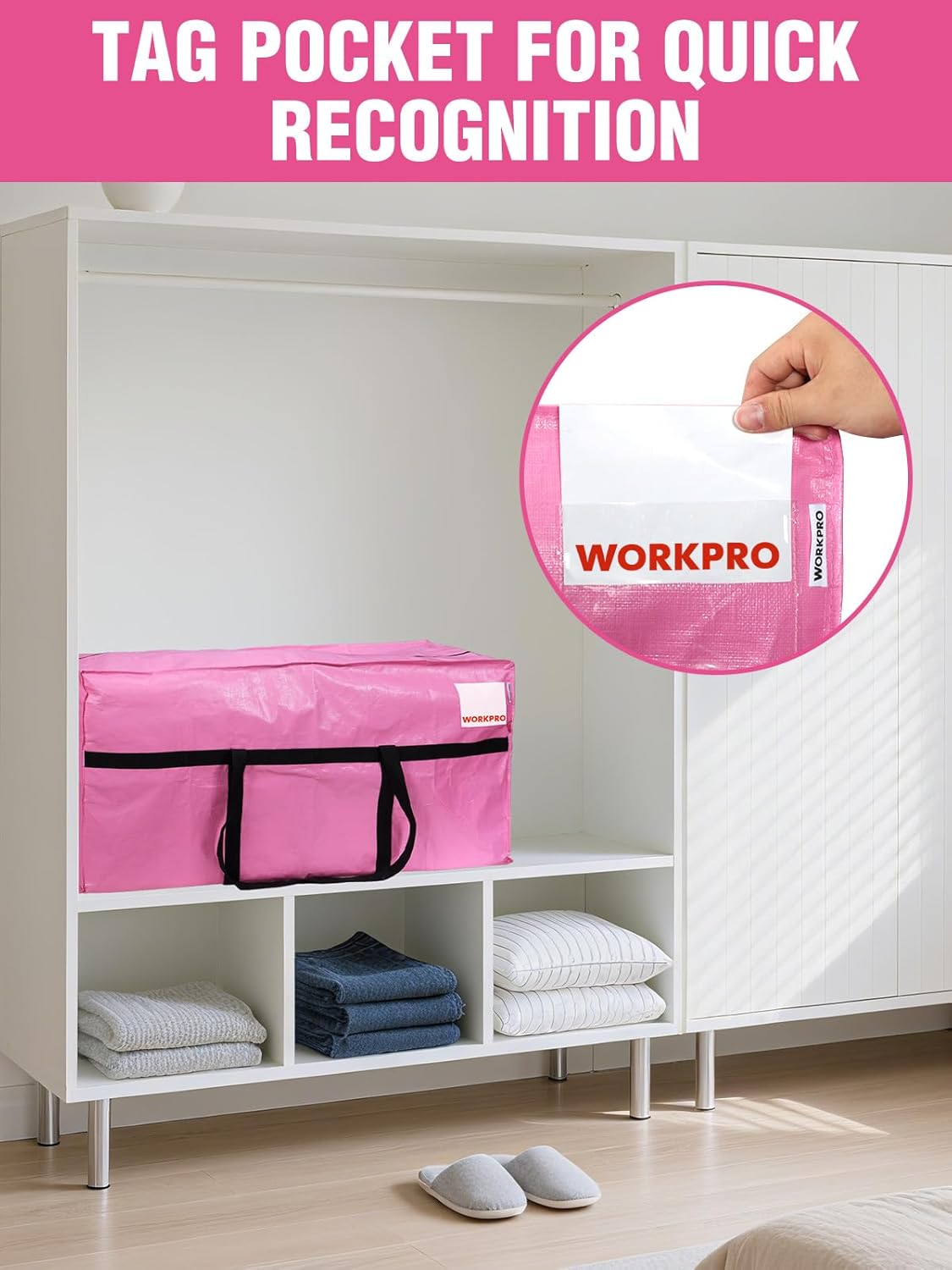 WORKPRO 66 Gallon Extra Large Moving Bags with Zippers, Carry Handles, Heavy-Duty, Water-Resistant Storage Totes for Moving & Space-Saving Organization, Pink