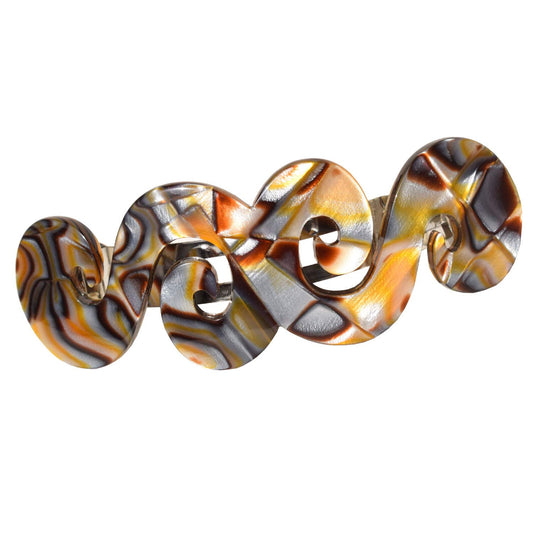 French Amie Swirls Onyx Silver Grey 3” Celluloid Handmade Hair Clip Barrette with Silver Clasp for Women and Girls, Made in France