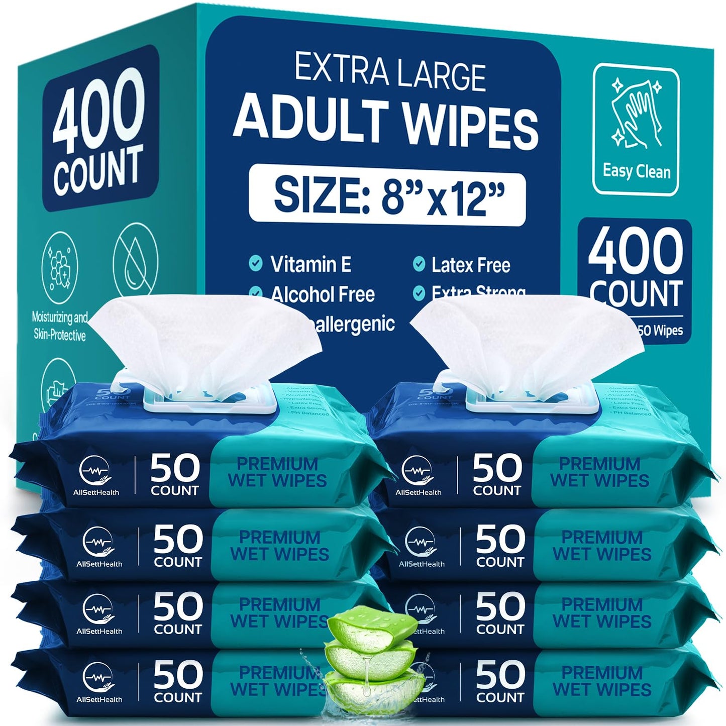 Body Wipes for Adults Bathing No Rinse - Adult Wipes for Elderly 8" x 12" (400 count) Shower for Adults No Rinse, Incontinence Disposable Washcloths, Aloe Vera, Vitamin E