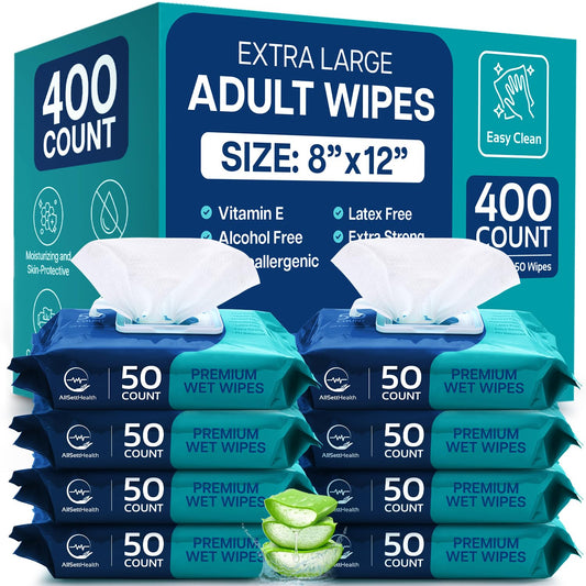Body Wipes for Adults Bathing No Rinse - Adult Wipes for Elderly 8" x 12" (400 count) Shower for Adults No Rinse, Incontinence Disposable Washcloths, Aloe Vera, Vitamin E