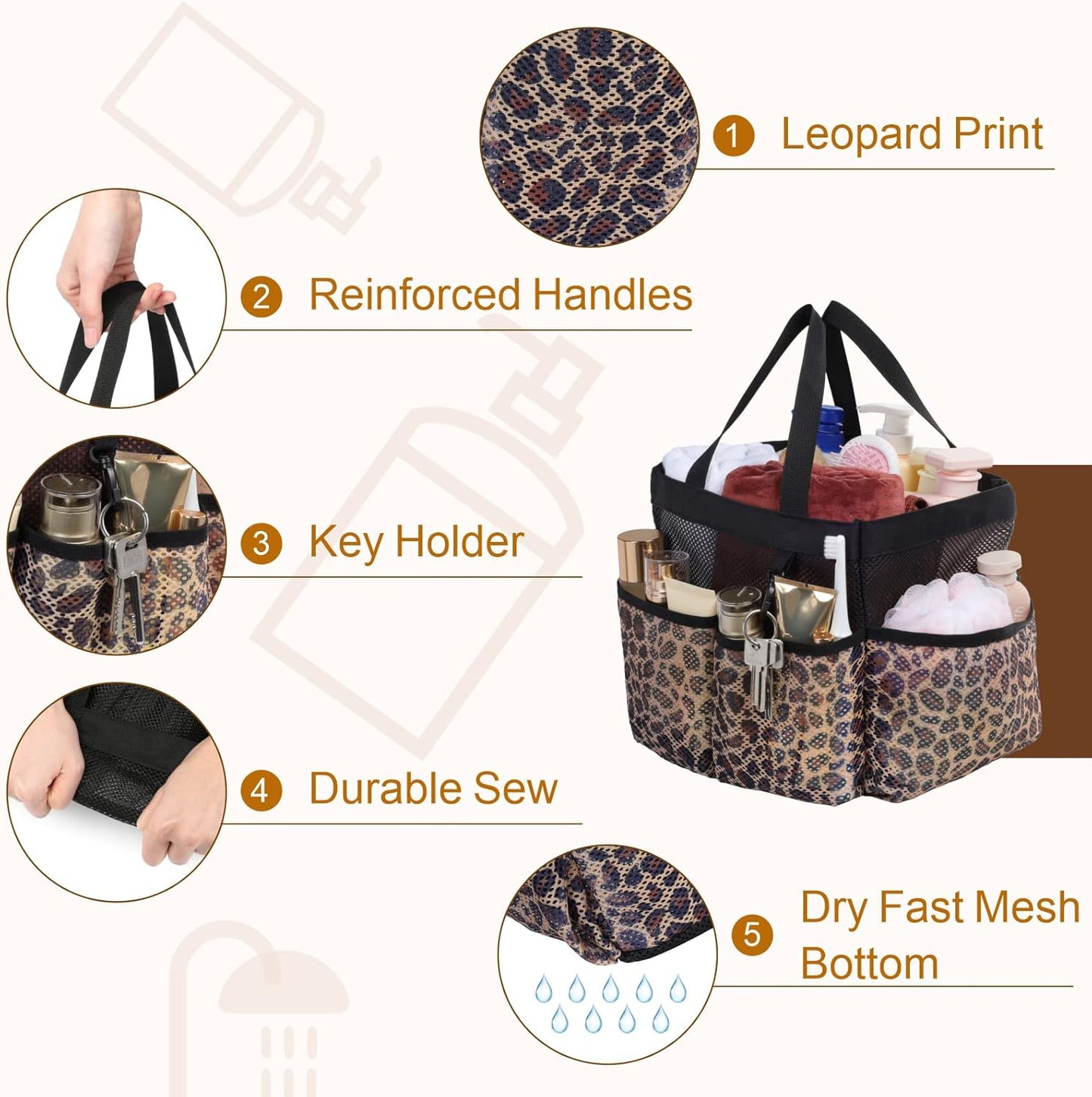 F-color Shower Caddy Portable - Mesh Shower Bag Basket Tote for College Dorm Room Essentials Bathroom Gym Camp Quick Dry for Women Men with S Hook, Leopard