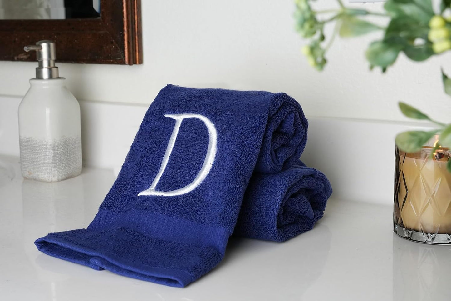 Navy Luxury Hand Towel for Bathroom - Monogrammed Initial Hotel Quality Decorative Embroidered Towel for Powder Room, Spa - GOTS Organic Certified - Set of 2 White Letter D