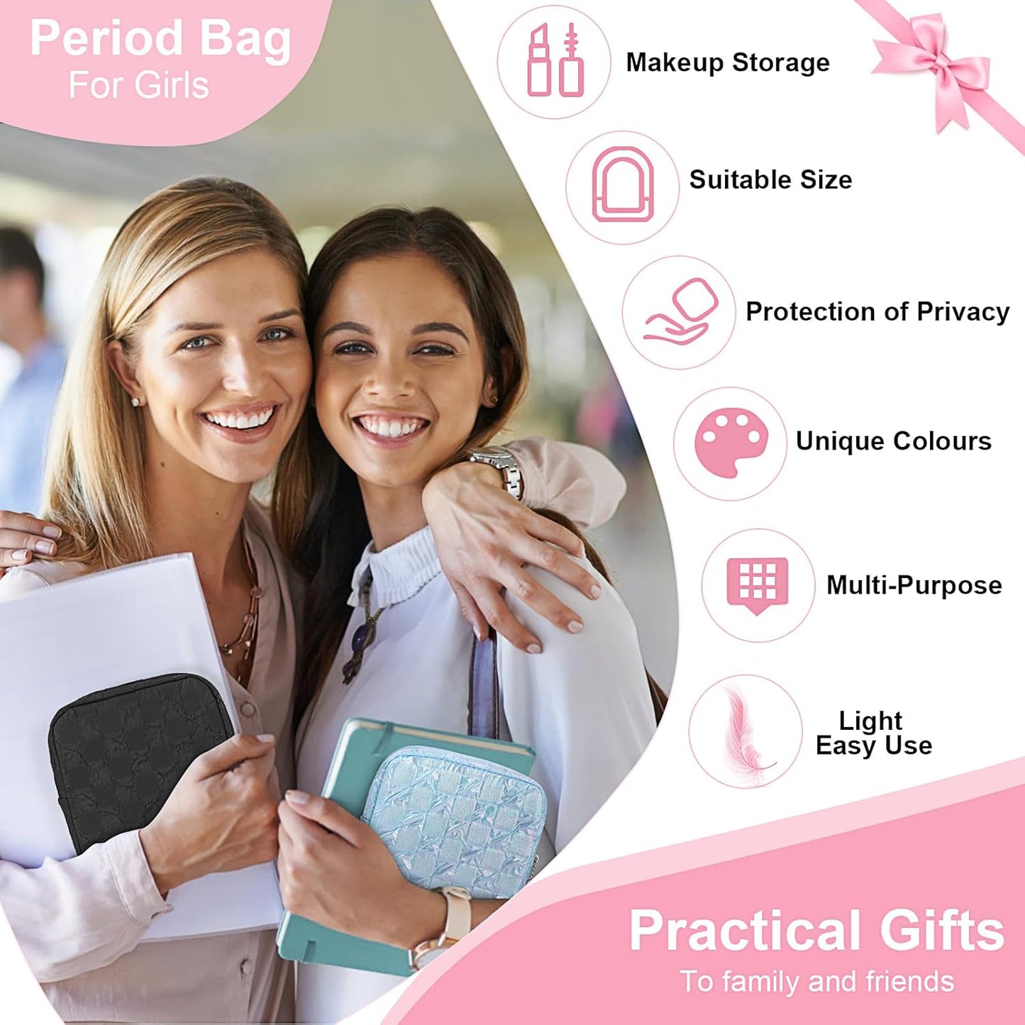 Desing Wish Sanitary Napkin Storage Bag Polyester Fabric Period Bag for Teen Girls Sanitary Pad Pouch for Sanitary Napkins/Tampons/Panty Liners Privacy Protector Pad Bag (Bubble-Check, Pink)