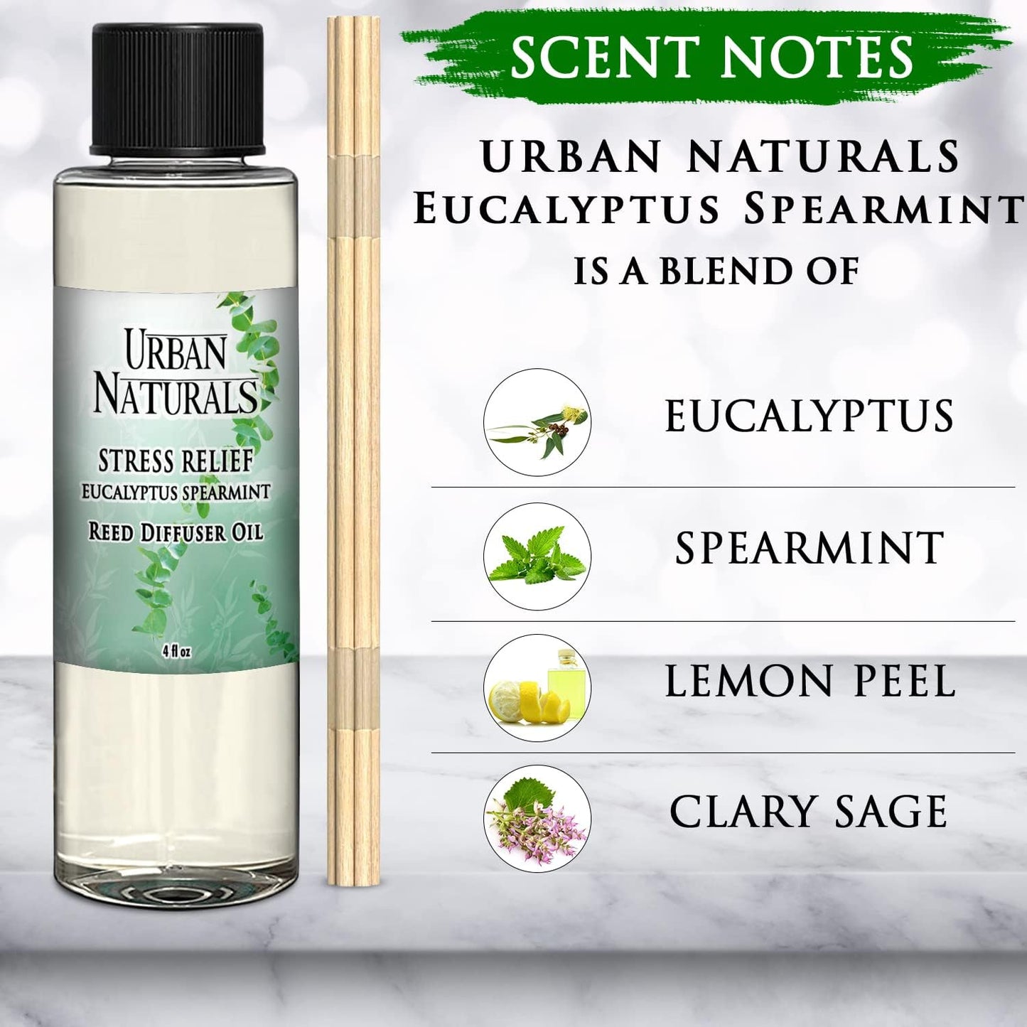 Urban Naturals Stress Relief Eucalyptus Spearmint Reed Diffuser Oil Refill | Fill Your own DIY Diffuser Bottle! Includes Replacement Reed Sticks