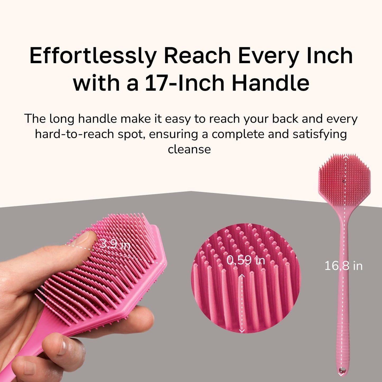 Silicone Back Scrubber with Long Handle - Octagon Body Brush for Shower, Bath, and Exfoliating - Skin Cleansing, Back Scrub and Gentle Silicone Sponge - Wash Your Body with Easy Reach - Rose