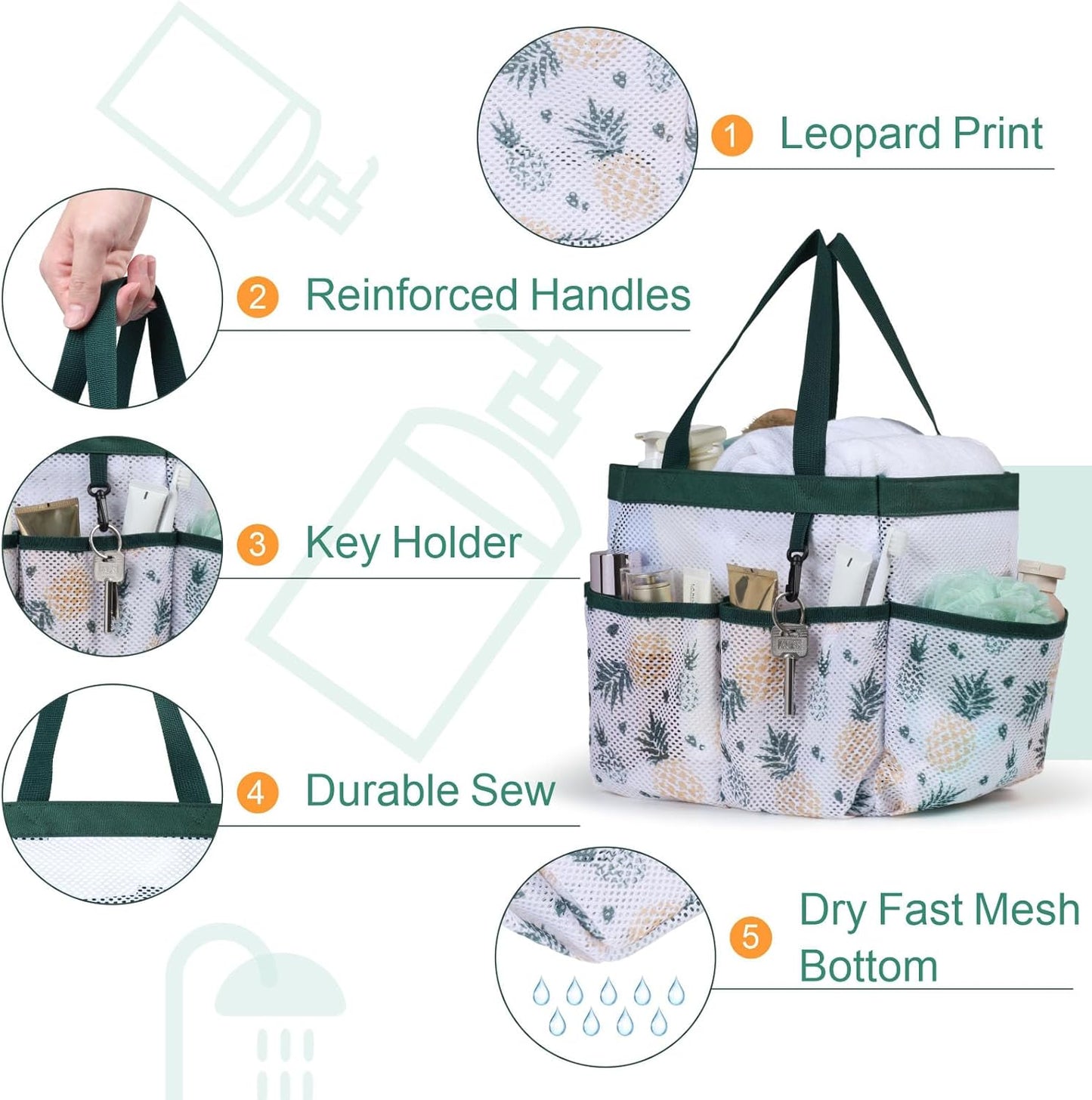 F-color Shower Caddy Portable - Mesh Shower Bag Basket Tote for College Dorm Room Essentials Bathroom Gym Camp Quick Dry for Women Men with S Hook, Green Pineapple