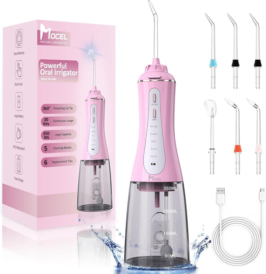 Water Dental Flosser for Teeth - 350ML Large Tank 5 Modes & 6 Tips Cordless, Oral Irrigator Waterproof, Portable Teeth Cleaning and Flossing with Effective Plaque Remover for Adults (Pink)