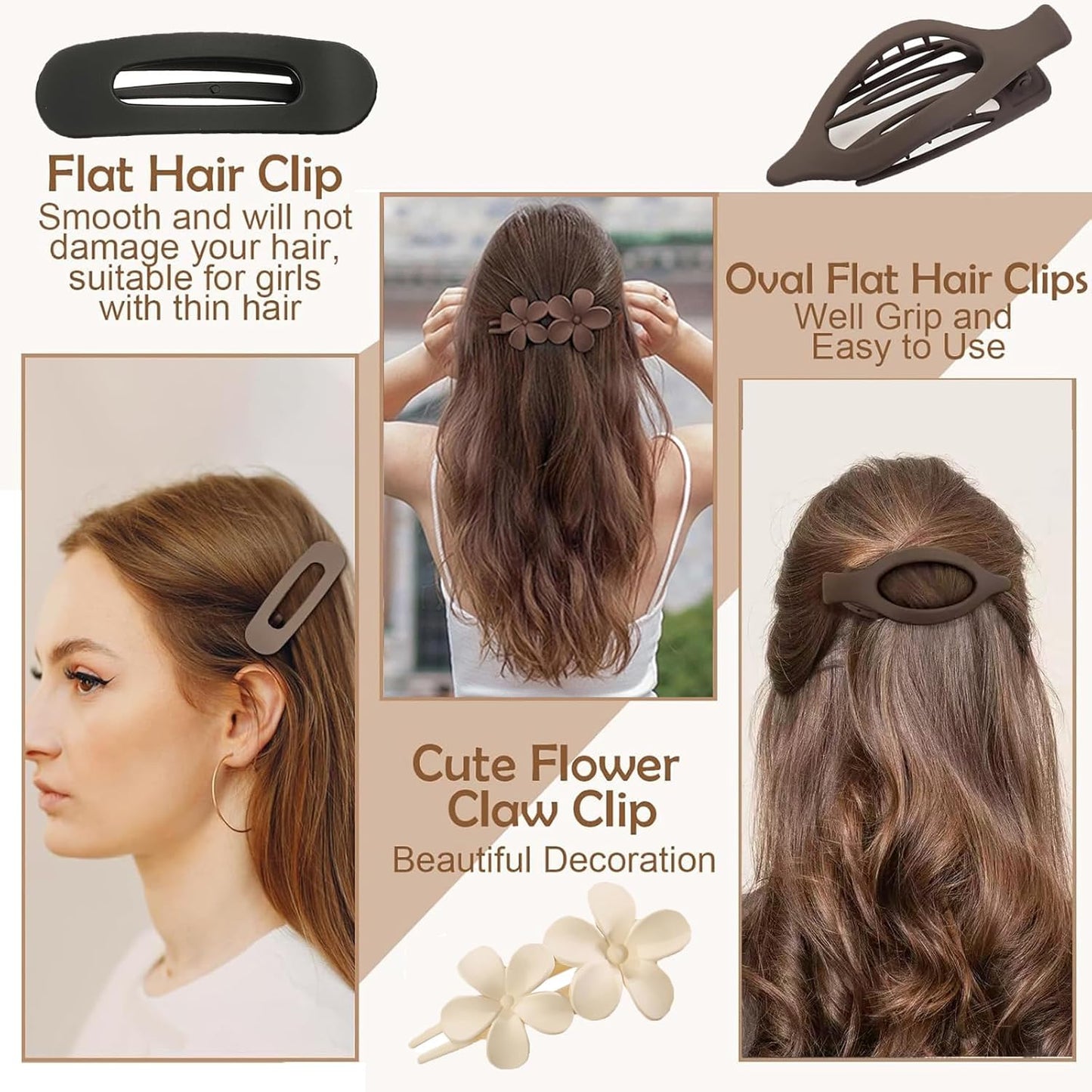 8 PCS Flat Hair Clips, 3 Styles Large Flat Claw Clips for Women, French Strong Hold Non-slip Duckbill Hair Claws for Thin Thick Hair(Neutral Matte)