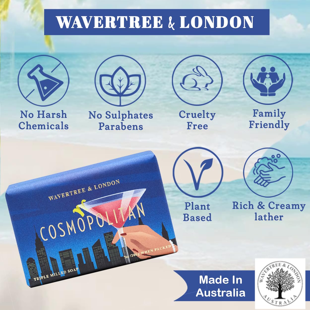 Wavertree & London Cosmopolitan Scented Natural Soap (8 Bars), 7oz Moisturizing French Triple Milled Soap Bars enriched with shea butter - Pure Plant Oil Bath & Body Bars for All Skin Types