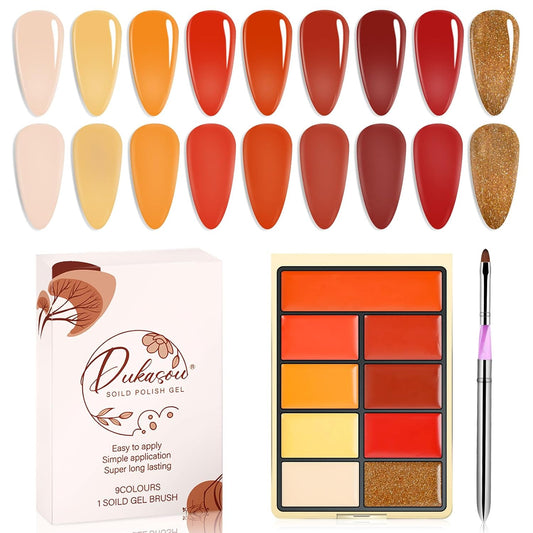 Solid Gel Nail Polish Set, 9 Colors Red Orange Shimmer Solid Cream Gel Polish Palette with Brush, Solid Ombre Nail Polish for Women DIY Manicure Art