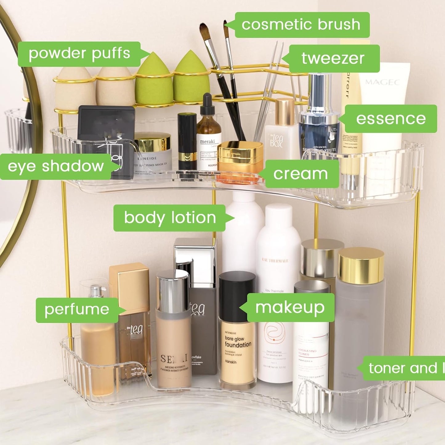 NATURE'S SOURCE Makeup Organizer for Vanity, 2-Tier Corner Bathroom Organizer Countertop with Makeup Brush Holder, Corner Counter Storage for Bathroom Dresser-Clear