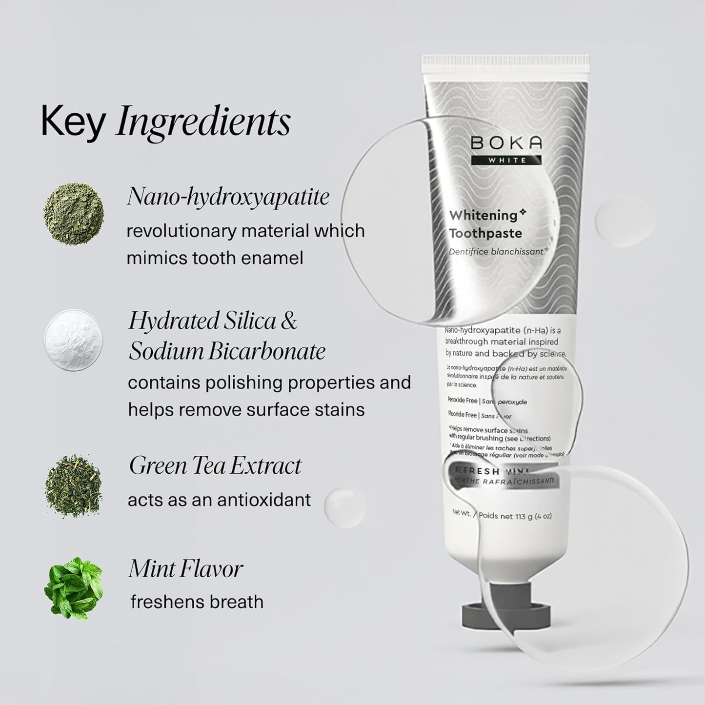 Boka Fluoride Free Toothpaste, Nano Hydroxyapatite Toothpaste, Appropriate for Sensitive Teeth, for Adult, Kids Oral Care - Whitening* Refresh Mint, 4 Fl Oz 1Pk US Manufactured