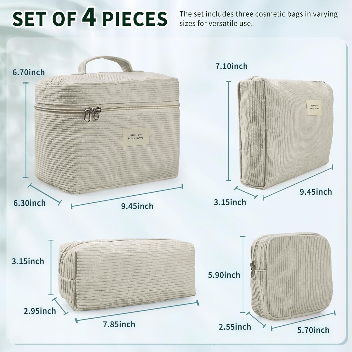 4 Pcs Makeup Bag for Women Corduroy Cosmetic Bag Aesthetic Cute Bags Multi Size Purse Pouch Travel Toiletry Bag Set Makeup Organizer with Zipper(Beige)