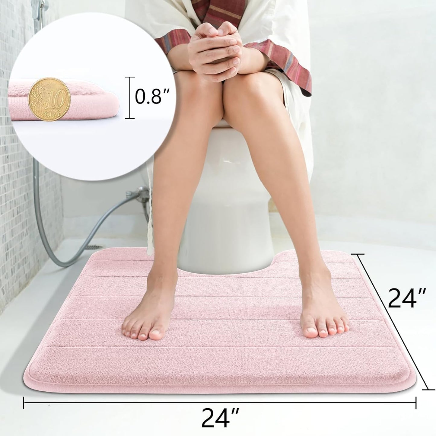 Yimobra Memory Foam Toilet Bath Mat U-Shaped, Soft and Comfortable, Super Water Absorption, Non-Slip, Thick, Machine Wash and Easier to Dry for Bathroom Commode Contour Rug, 24 X 24 Inches, Pink