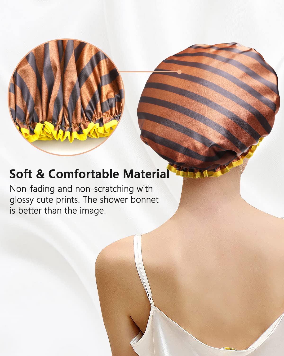 mikimini Shower Cap for Women and Men,2 Pack Double Waterproof Shower Cap for Girls and Kids, Reusable, Washable, Golden Stripes Fashionable Shower Caps Medium Pack of 2 Stripe
