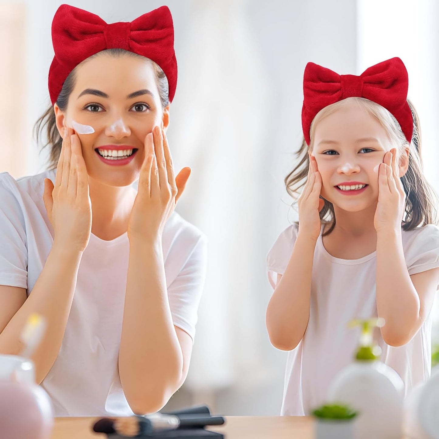 Ondder Spa Headband for Washing Face 8 Pack Red Skincare Headbands for Women Girls Terry Cloth Cute Makeup Headbands Head Bands with Bow