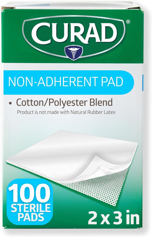 Curad Sterile Nonadherent Pad, Soft, Perforated, Absorbent, Cotton/Polyester, 2" x 3", Sterile, 100 pads