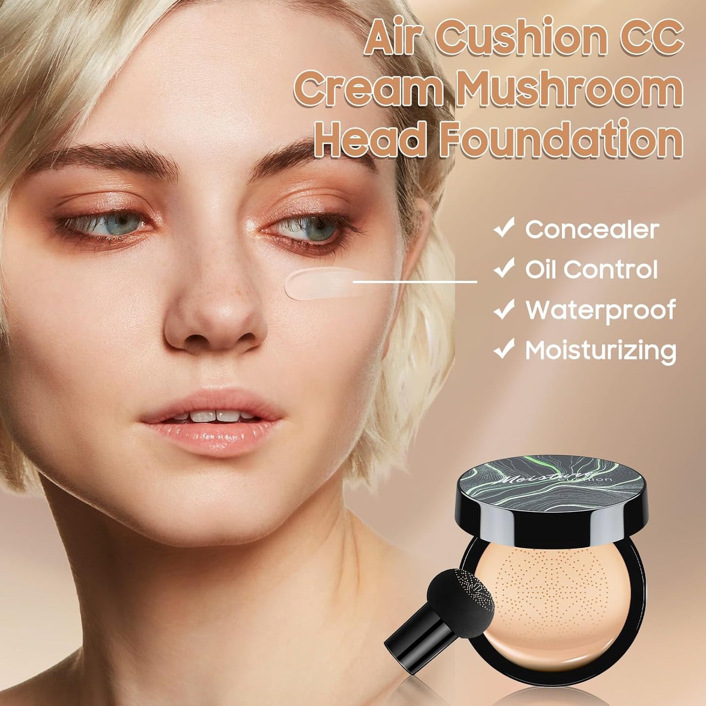 Mushroom Head Air Cushion CC Cream - Moisturizing BB Creams Foundation, Long-Lasting Waterproof New Air Cushion CC Cream Concealer for Even Skin Tone (Natural, 1 PCS)